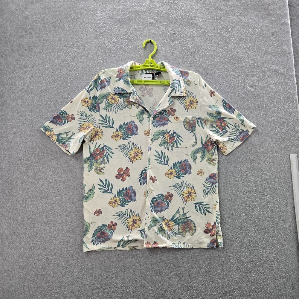Jurassic World Men Button Up Shirt M Cream Floral Dinosaurs Logo Hawaiian Shirt